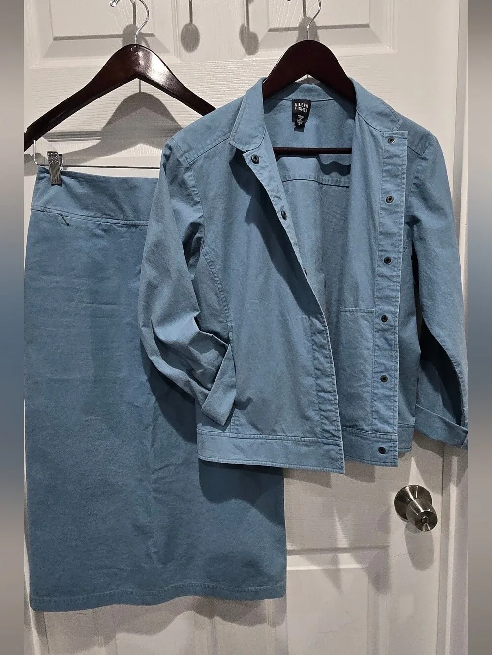 Eileen Fisher 2-Piece Blue Cotton Jacket & Skirt Set S/XS